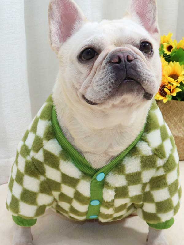 GMTPET Green and white checkerboard fat dog bulldog pug dog French fighting winter clothes plus velvet thick cardigan plush sweater 107-222039 www.gmtproducts.com